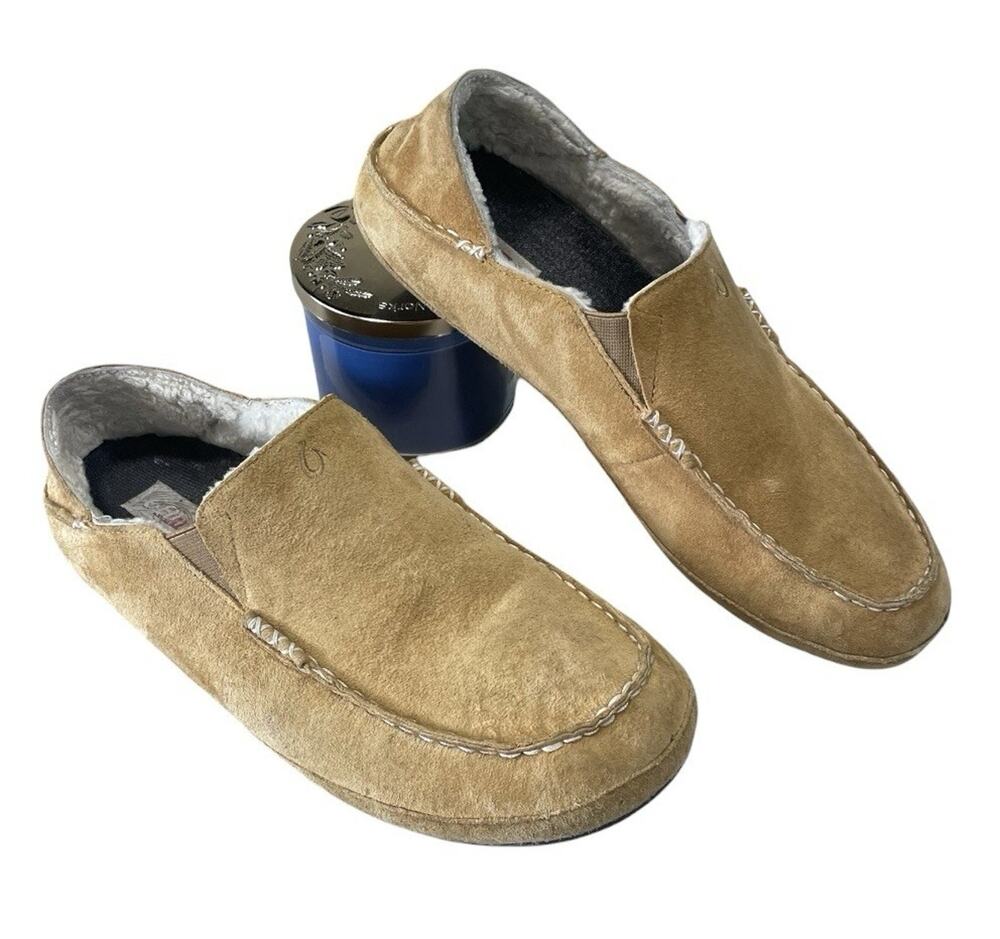 Olukai Moloa Slipper Men's Size 12 Beige Leather, Sheep Fur Lining, Drop In Heel